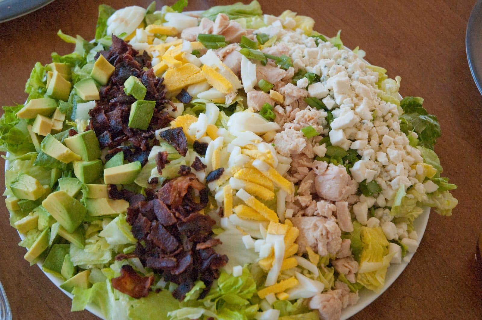Cobb salad arranged in rows of avocado, bacon, chopped egg, chicken, blue cheese and spring onion over lettuce